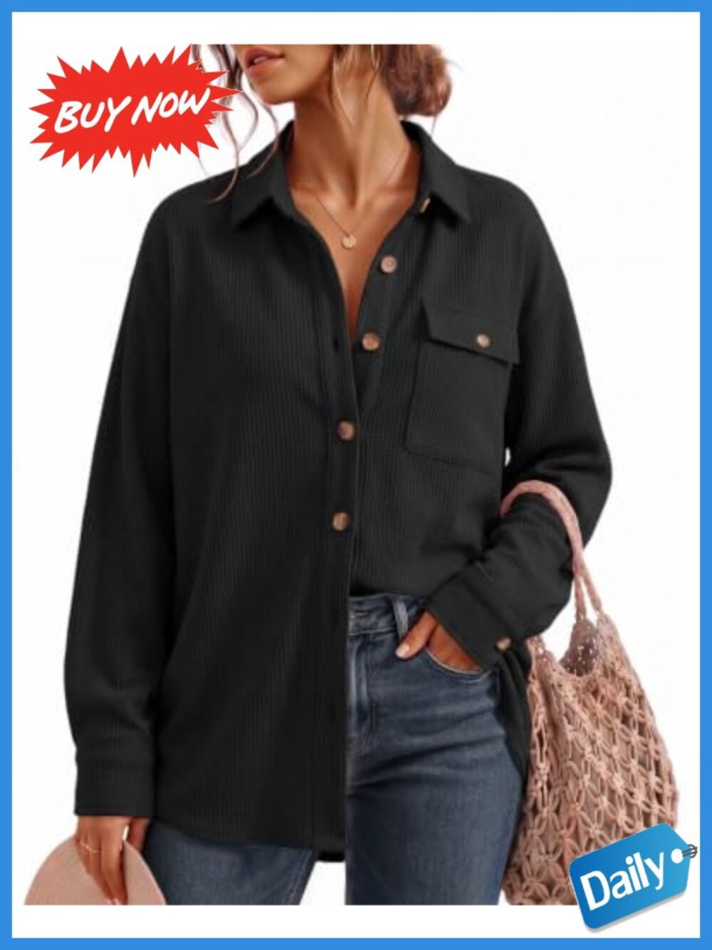 Waffle Knit Button Down Shirt Oversized Boyfriend Collared V-Neck Long Sleeve